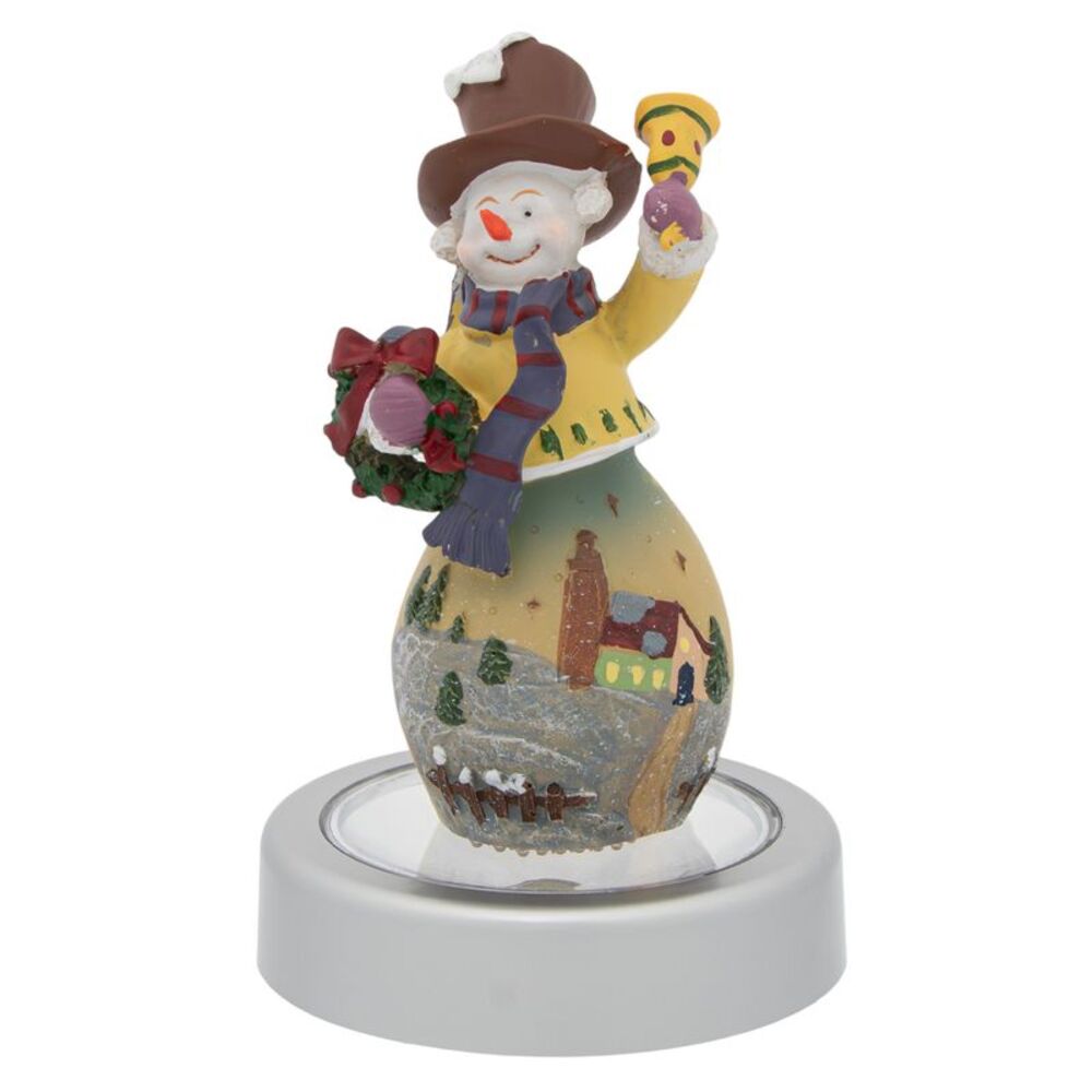 Snowman Figurine Holding Wreath with Color Changing Illuminated Pedestal